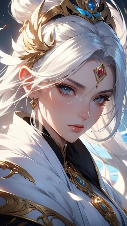  Closeup of a woman with white hair and a white mask,  beautiful character painting, Gwaiz, artwork in the style of Gwaiz, White-haired goddess, Jan J,  Epic Exquisite Character Art ,  Breathtaking Character Art , , By Wujun Shifan, Gwaiz on pixiv artstation