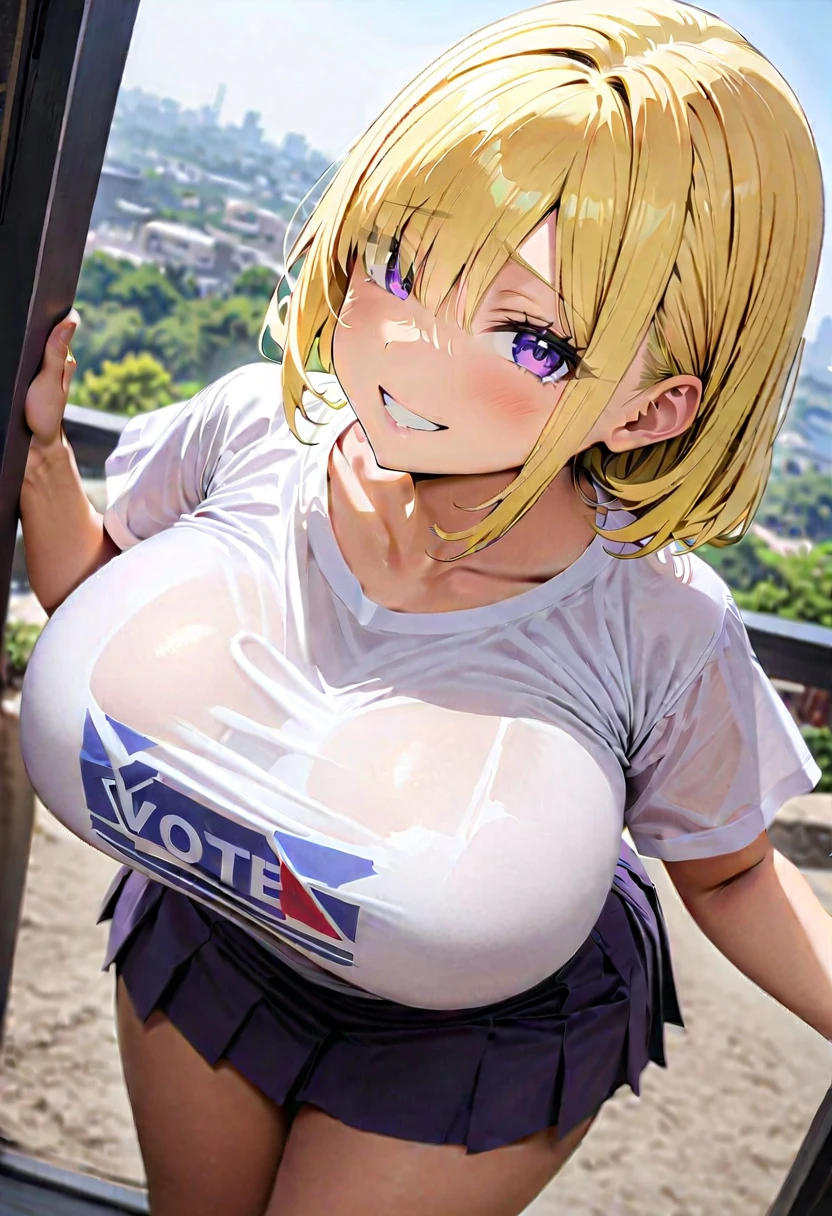 (( best quality )), ((masterpiece)), (detailed), 1 , Pastel yellow hair, ,  hair covers one eye ,  purple eyes ,  Big breasts , big thighs,  expression smiling shy , white voting t-shirt, purple skirt, brown pantyhose,  looking at the viewer , view from behind, 