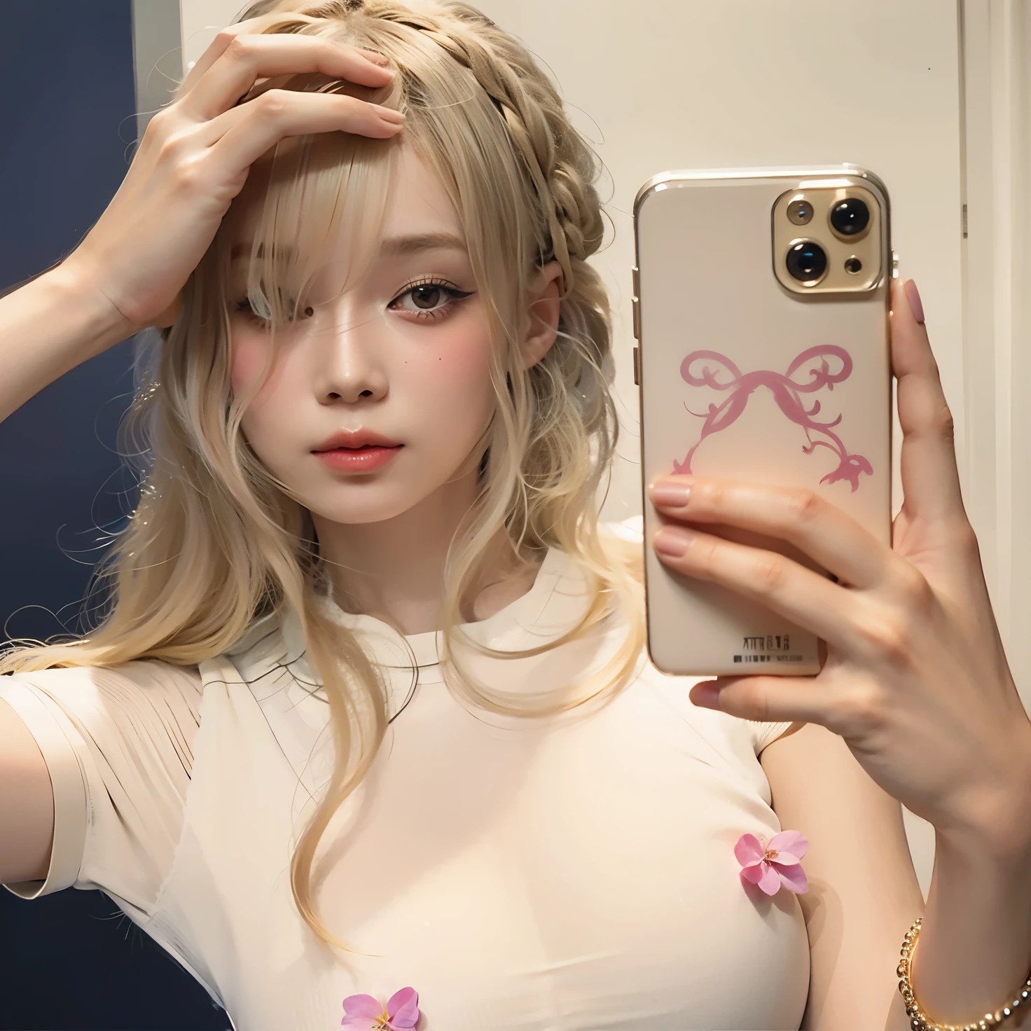 a close up of a young, cute asian woman with beautiful detailed eyes, beautiful detailed lips, extremely detailed eyes and face, long eyelashes, facing the camera, photorealistic, high quality, realistic, masterpiece, cinematic lighting, intricate details, Olhando para o espectador, Winter æspa, Kim Minjeong, blonde hair, cabelo loiro, Cabelo comprido,