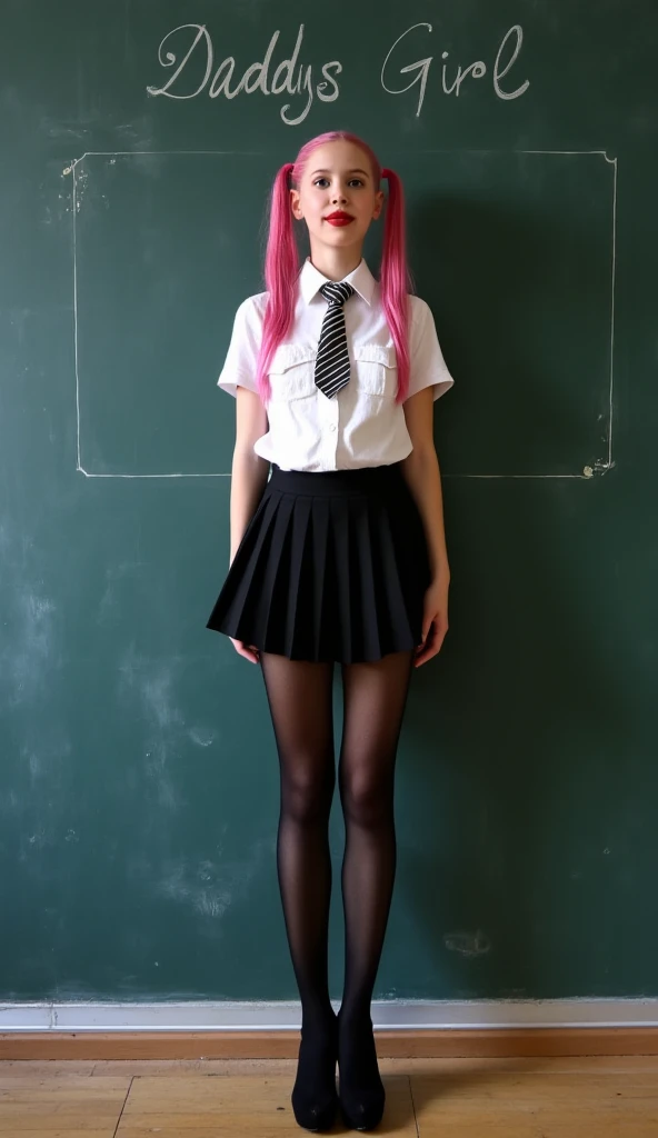 A full body shot of a extremly anorexic young school girl, a very beautiful face, heavy make up, long eyelashes, pink rouge, red full lips, beautiful blue eyes, big eyes, white skin, pink long pigtail hair, extremly skinny anorexic body but big breasts, super slim and long legs, thin thighs,  and smiling at , she is wearing a tight white short shirt, necktie with strips, black pleated super short micro skirt, thin sheer black thigh-high stockings, black 20inch platform high heels, the background is a chalk board, written as “Daddys Girl" in the chalk board, best quality, super detailed texture, 8k, cinematic lighting, view from above, looking down at her shoes,  ensuring that her entire body, including her legs and shoes, is clearly visible in the frame. Focus on capturing her full figure in a confident and elegant manner.