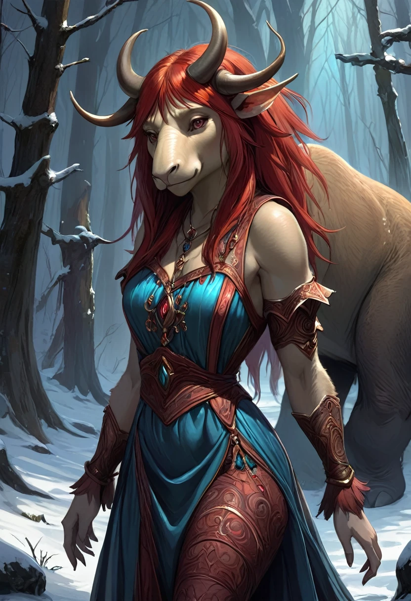 A mythical Humanoid creature called a firbolg. Unnatural red hair. Unnaturally thick eye brows.Snout like nose, large cow like ears. A long cow like tail. Feet like a pigs. Weareing handmade clothes.