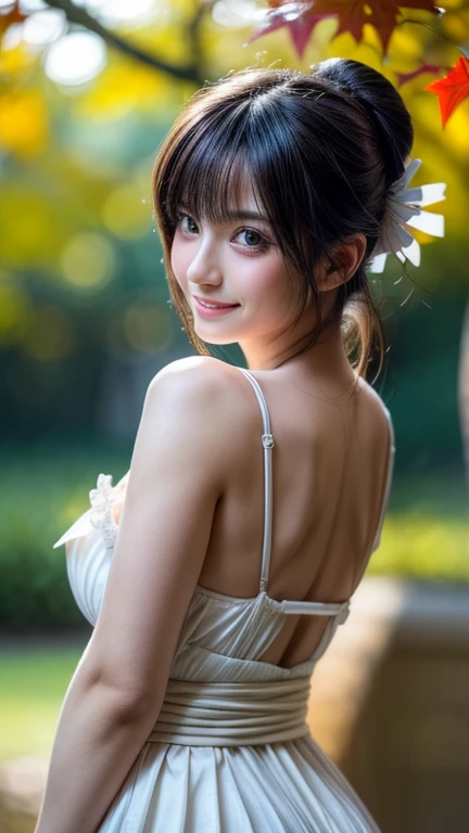 (masutepiece:1.3, Photorealsitic:1.4, 8K), top-quality, ​masterpiece, 超A high resolution, Professional camera work, Grow Light Effect, Realistic portrait, Cinematic Light, Highly detailed skin and facial texture:1.3, The ultra-detailliert, A detailed eye, Detailed limbs, autumn night, Precincts of the shrine:1.2, Autumn foliage scenery:1.2, 1girl in, Cute sexy 22 year old slim woman, Fair skin, ((Natural smile:0.9, Totally captivates you:1.0)), (Backshots, Calm pose), ((accurate shrine maiden costume)), ((voluptuous breasts:0.9)), (Beautiful blue eyes, Eyes that feel beautiful eros:0.85), Sexy face:0.4, (A mouthfeel that feels beautiful eros:0.85), ((Too cute beauty:0.9))