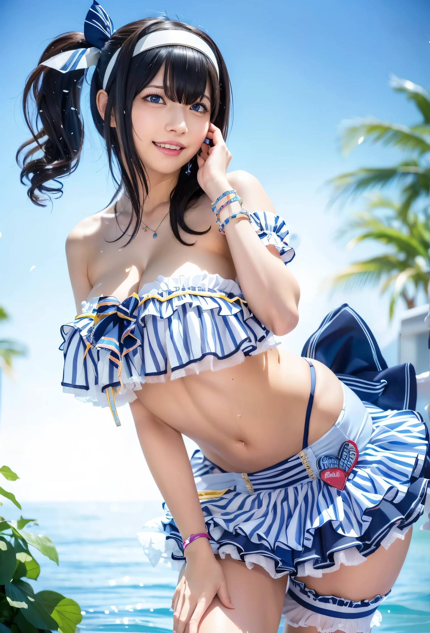 idol girl,{{{{{{{sagisawa fumika}}}}}}},{{{{{photorealistic,realistic,tall female}}}}},{{{blue nails:2.0,1girl,solo,frilled tube top,microskirt}}},{{idolmaster cinderella girls}},{{{{{large eyes,tareme:2.0,blue eyes,{{{{{underboob,nsfw,white dress,vertical-striped shirt,cowboy shot,large nose:2.0,backlighting,microskirt}}}}},{{{frilled shirt,white hairband,blue highleg,arm strap,bare shoulders,bead bracelet,frilled straps,earrings,jewelry,blue nails,side ponytail,single thigh strap,hair between eyes,white layered skirt,wrist scrunchie,blue hair ribbon,waist bow,heart badge,sidelocks,black hair,outdoors,shadow,wet,water,sweat,head tilt}}},{{{{{vertical-striped skirt}}}}},blush,plant,huge breasts:2.0,embarrassed,smile,waving,open mouth,[[[[from side,bent over]]]],,looking to the side:2.0,ddfumika, idolmaster, side ponytail, hairband, hair ribbon, blue bow, star hair ornament, sidelocks, large breasts, collarbone, necklace, strapless, frilled bikini, arm garter, single wrist cuff, midriff, layered skirt, bridal garter,hair between eyes:2.0,furrowed brow:2.0,