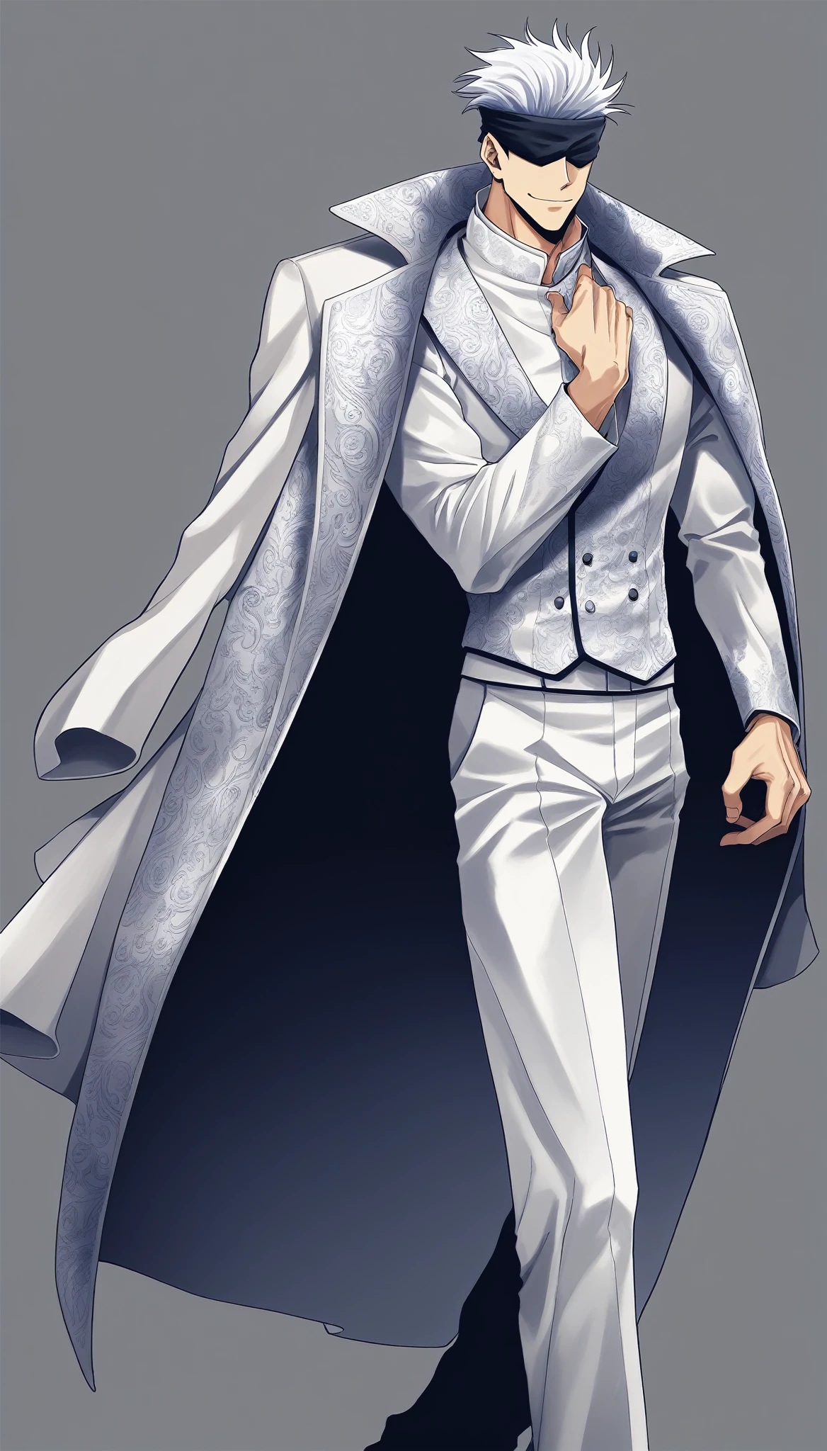 (simple background, grey background), ((full-body)), feet out the frame, standing, Gojou Satoru, Jujutsu Kaisen, smile, extremely detailed face, black blindfold, covered eyes, white hair, solo, sexy man, handsome, (White Male Fantasy Clothes, coat on shoulders, white shirt, pants), (masterpiece, best quality, HDR, absurd resolution, high resolution, ultra detailed)