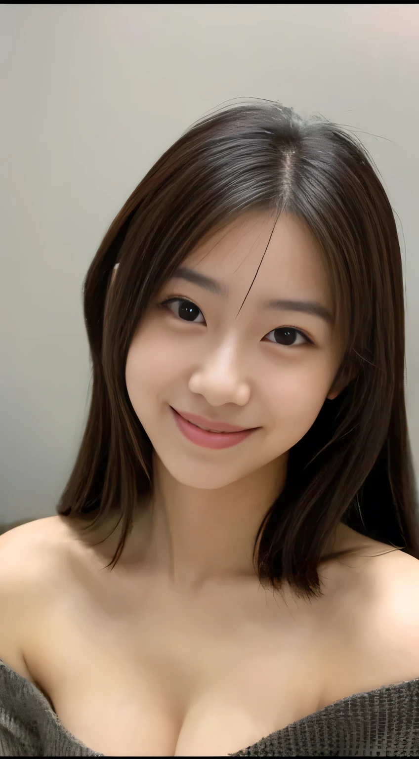 incredibly absurd, beautiful and cute 20-year-old Korean girl with a photorealistic face, showcasing top-quality craftsmanship. Her slender frame adorned with short, messy hair. The artwork high-resolution, allowing for ultra-detailed features to be captured flawlessly. The focus lies on the realistic pupils, showcasing depth and emotion. ((breasts out)) cute smile.