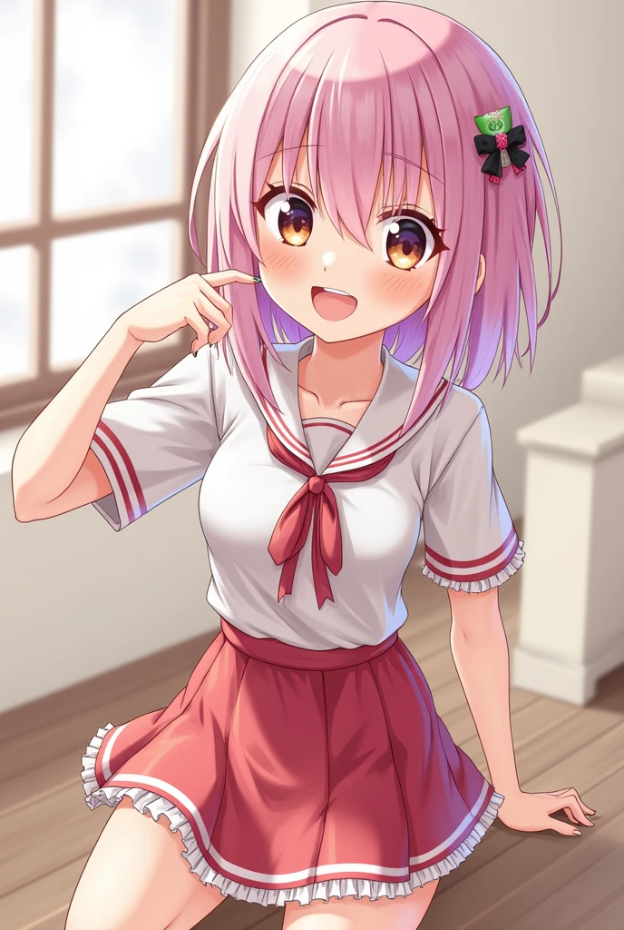 masterpiece, best quality, highres, astsailor, single braid, , pink sailor collar, midriff, pink skirt, white thighhighs, standing, indoor, upper body, smile, thumbs up, (thumbs up:1.2)