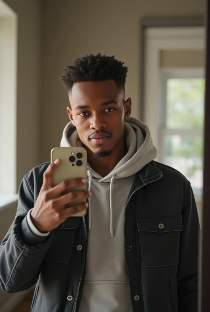 best qualityer:1.4), (ultra high resolution:1.2), (photorrealistic:1.4), (8k, CRU photo:1.2), a thin young man of 20 years old, skin black, with a smooth, beardless face, is wearing a white cap, He's wearing a white sweatshirt. He's taking a picture in the mirror. He has an iPhone with a blue case. He has no beard on his face
