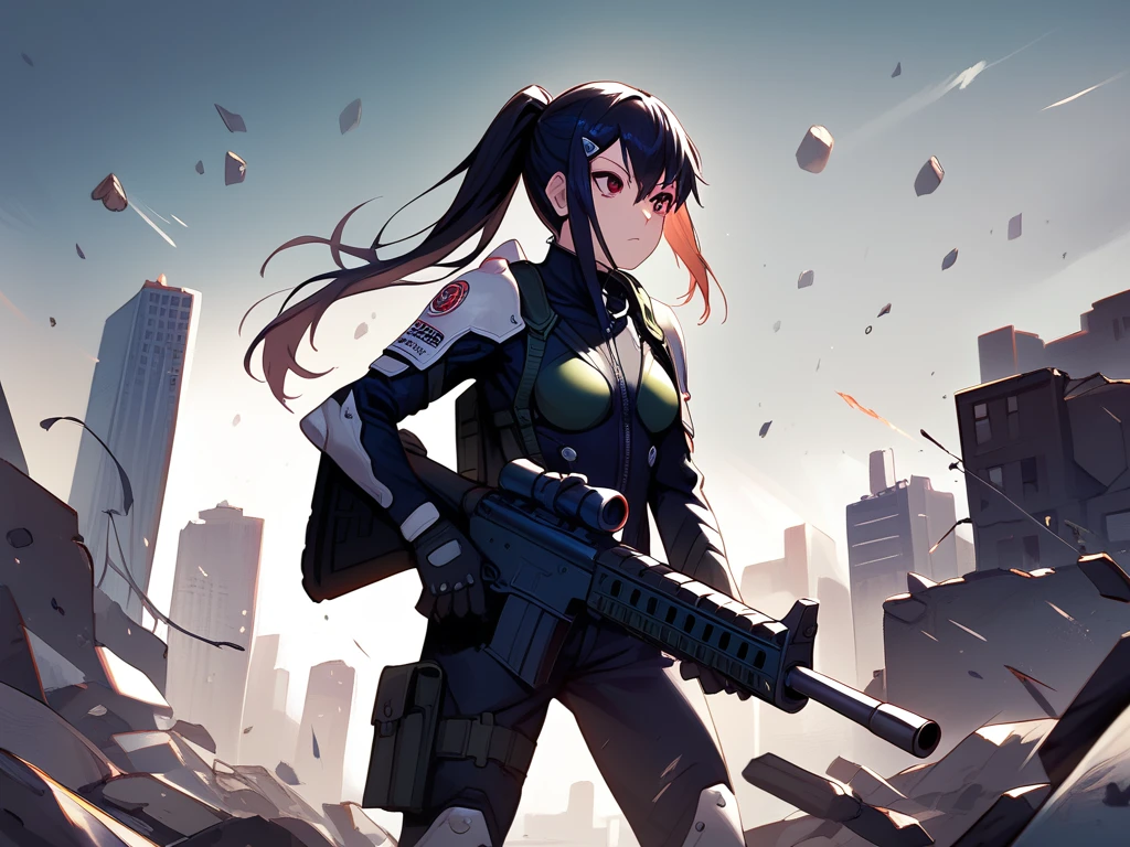 masterpiece, best quality, cowboy shot, solo, 1girl, ashiro mina, expressionless, looking away, standing, holding gun, two-handed, assault rifle, long hair, black hair, ponytail, hairclip, red eyes, black bodysuit, shoulder armor, black gloves, thigh pouch, medium breasts, outdoors, city, debris, rubble
