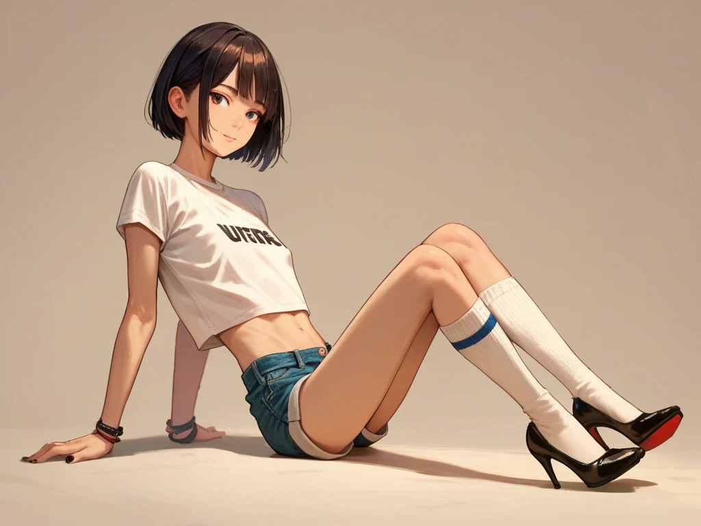 score_9, score_8_up, score_7_up, Anatomically Correct, 1 girl, short hair with bangs, (flat chest), (skinny body) , cropped t-shirt , shorts,  knee-high socks, black high heels,, sitting on the floor
