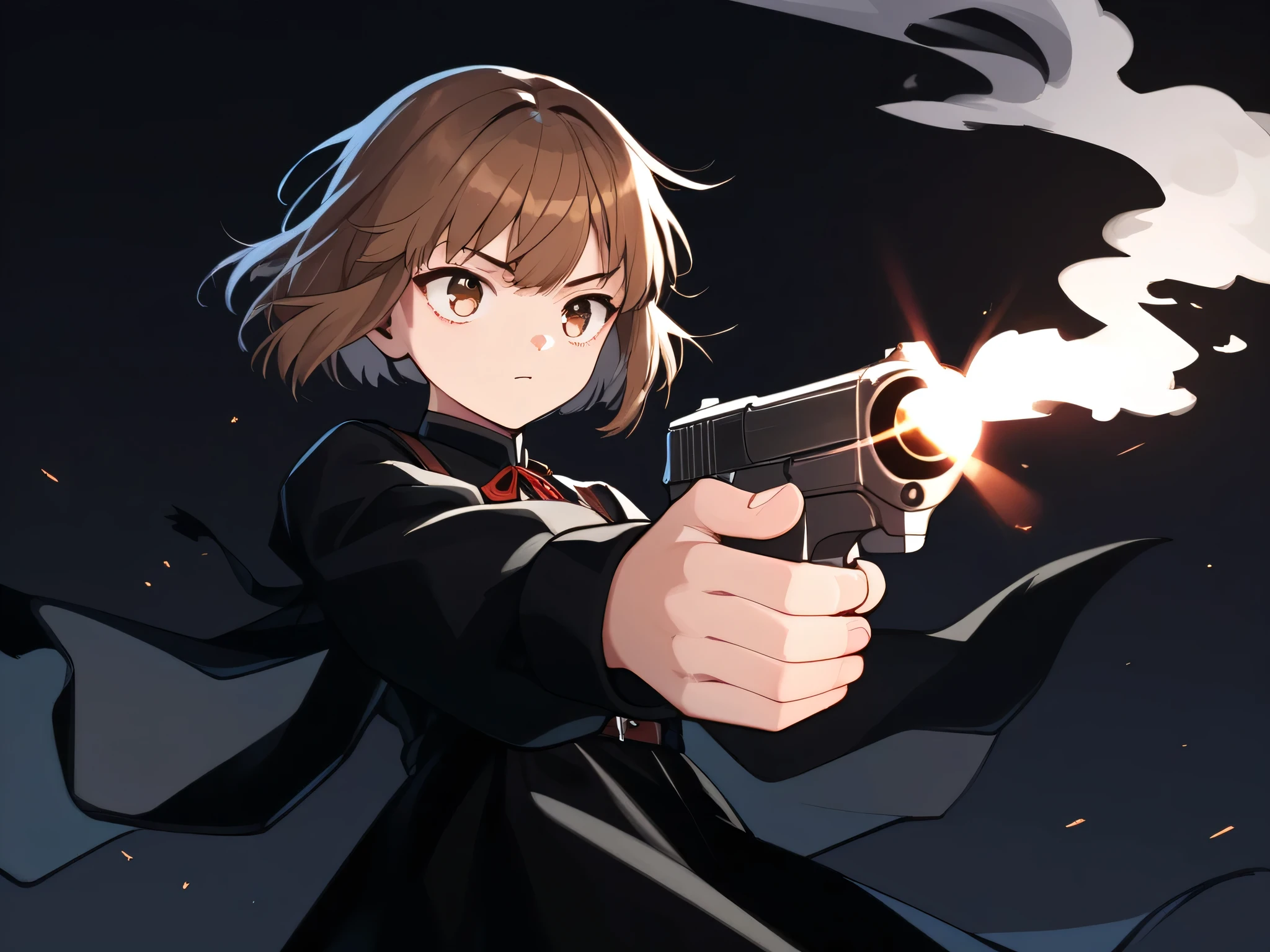 smoke, fn five-seven, five-seven, gun, pistol, 1girl, dark background, brown hair, bangs,  black dress, long sleeves, score_9, score_8_up, score_7_up, score_6_up, score_5_up, score_4_up,