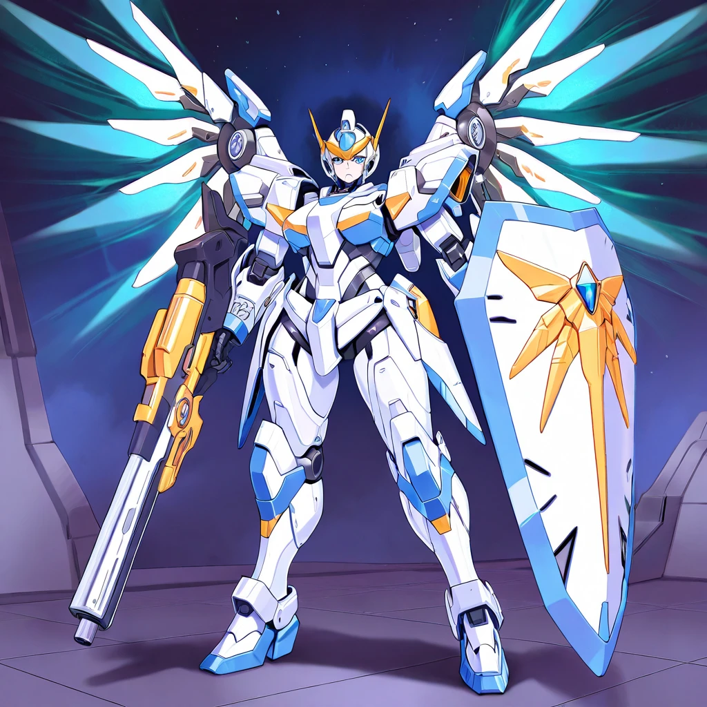 Anime, high detailed, multiple womans, mature womans, mecha soft-armor, large mechanical wings, large Gauntlet, large shield in arm, serious, curvy body, long mechanical wings, mecha weapons、Colored armors、magenta Colored aura、BLUE Eyes, elongated pupils,  Mature Woman、magenta aura、womans surrounding, background in the space 