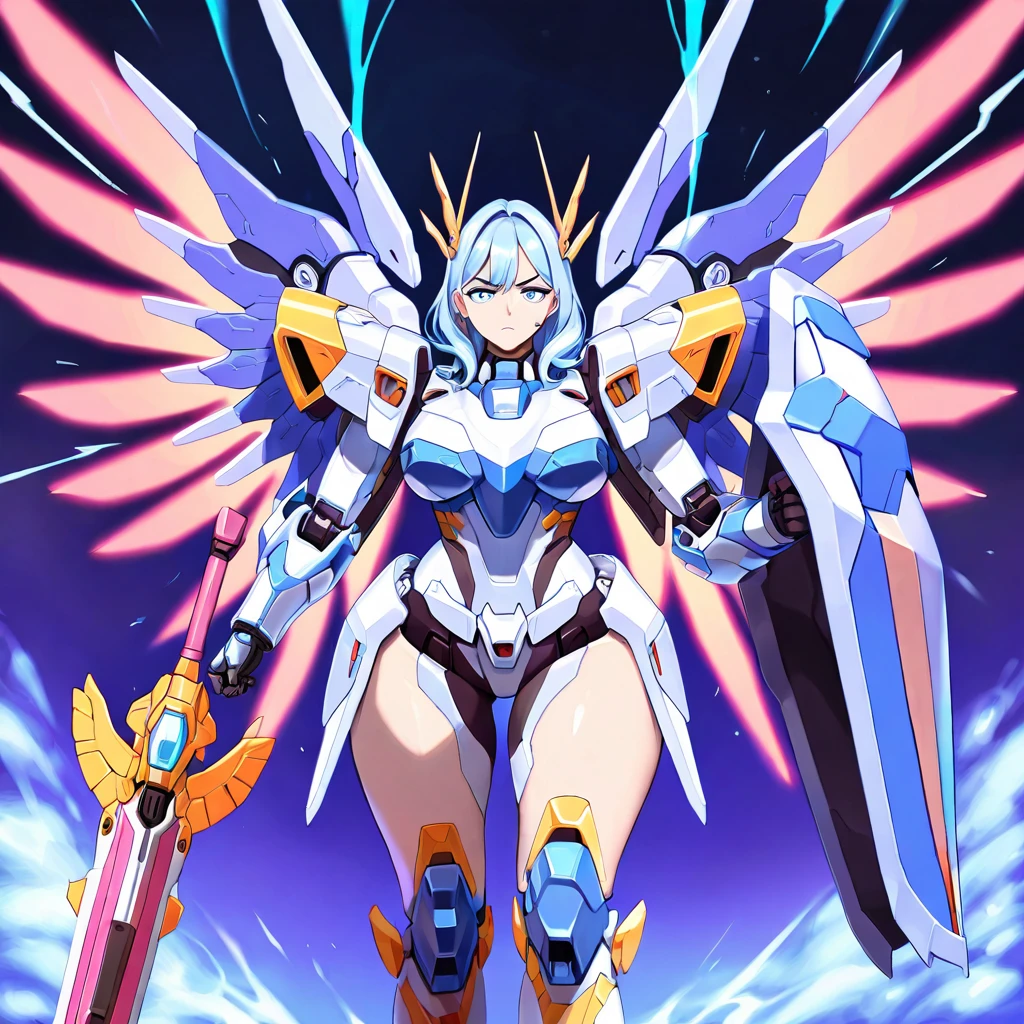 Anime, high detailed, multiple womans, mature womans, mecha soft-armor, large mechanical wings, large Gauntlet, large shield in arm, serious, curvy body, long mechanical wings, mecha weapons、Colored armors、magenta Colored aura、BLUE Eyes, elongated pupils,  Mature Woman、magenta aura、womans surrounding, background in the space 