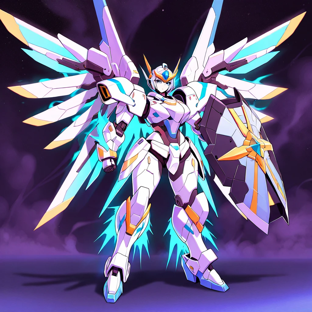 Anime, high detailed, multiple womans, mature womans, mecha soft-armor, large mechanical wings, large Gauntlet, large shield in arm, serious, curvy body, long mechanical wings, mecha weapons、Colored armors、magenta Colored aura、BLUE Eyes, elongated pupils,  Mature Woman、magenta aura、womans surrounding, background in the space 