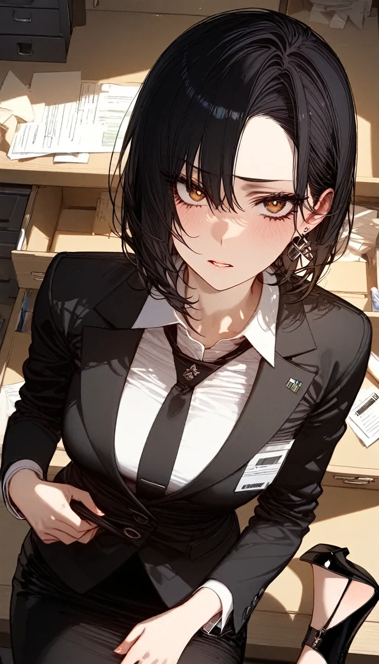 (masterpiece,  top quality:1.2), 1 woman:1.0, Alone:1.0 Office worker:1.3, elegant:1.2,  short hair :1.2,  Black Hair :1.1, Intense gaze:1.3, White dress shirt:1.3, High collar :1.3, Buttoned up :1.4, Black suit jacket:1.1, Black pencil skirt:1.3, Employee ID:1.2, thin face:1.2,  Sharp Jawline :1.1,  slim body :1.1, Height 170cm:1.0, brown eyes:1.1,  black high heels:1.2, Minimal makeup:1.0, clear skin:1.1, Small silver earrings:1.0, File room:1.3, file cabinet:1.2, dim lighting:1.2, Tie grabbing:1.4, Tie pulling:1.3, Reddened cheeks:1.3, Expression needs:1.4, Slightly parted lips:1.2, Dilated pupils:1.2, nervous:1.3,  intimate vibe :1.3