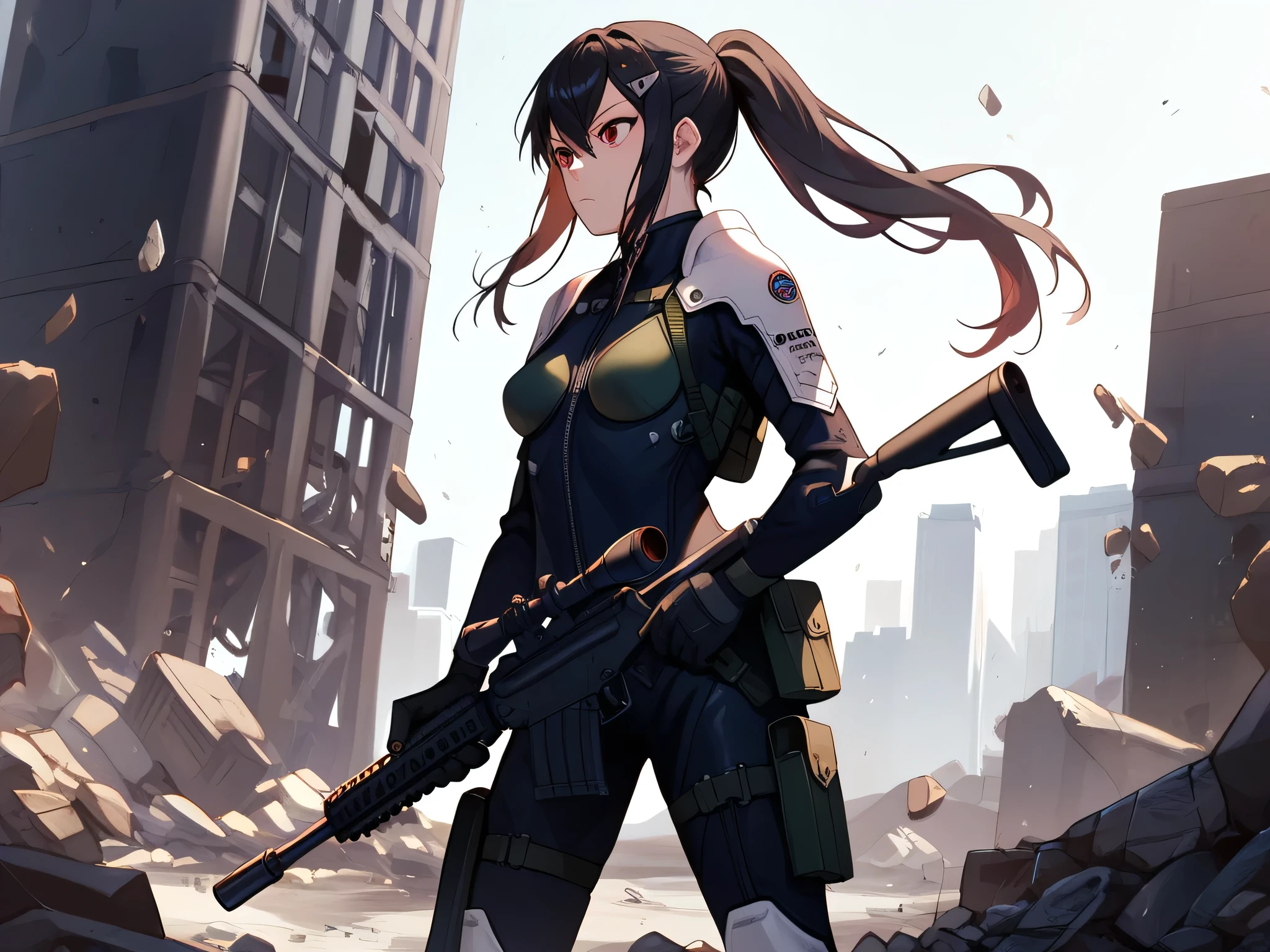 masterpiece, best quality, cowboy shot, solo, 1girl, ashiro mina, expressionless, looking away, standing, holding gun, two-handed, assault rifle, long hair, black hair, ponytail, hairclip, red eyes, black bodysuit, shoulder armor, black gloves, thigh pouch, medium breasts, outdoors, city, debris, rubble
