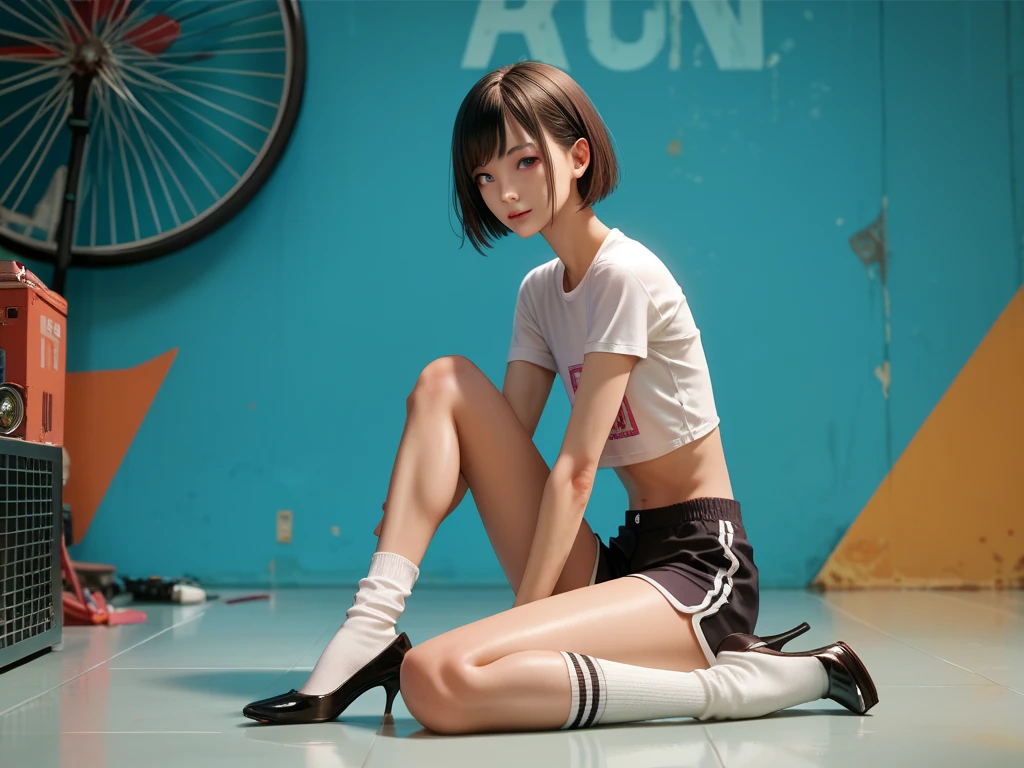 score_9, score_8_up, score_7_up, Anatomically Correct, 1 girl, short hair with bangs, (flat chest), (skinny body) , cropped t-shirt , shorts,  knee-high socks, black high heels,, sitting on the floor
