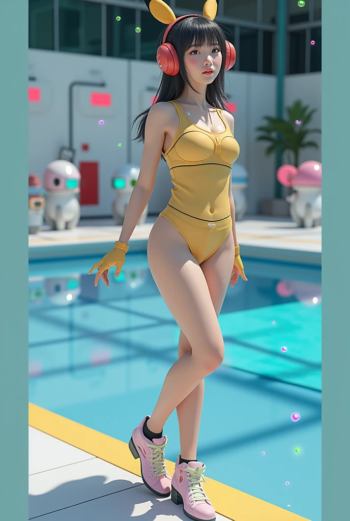 ((Spread legs:1.4))、((Woman in yellow sports cap:1.4))、((Sporty one-piece swimsuit in red, blue and white:1.2))、((top-quality、8K、​masterpiece:1.3))、Female sexy、1girl in、Colossal tits:1.3、(Firm abs、Slim body:1.1)、swimming pools、Ultra slim face、slender lips、Slender eyes、二重まぶた、opens legs、Freehand movements、独奏、1 girl in