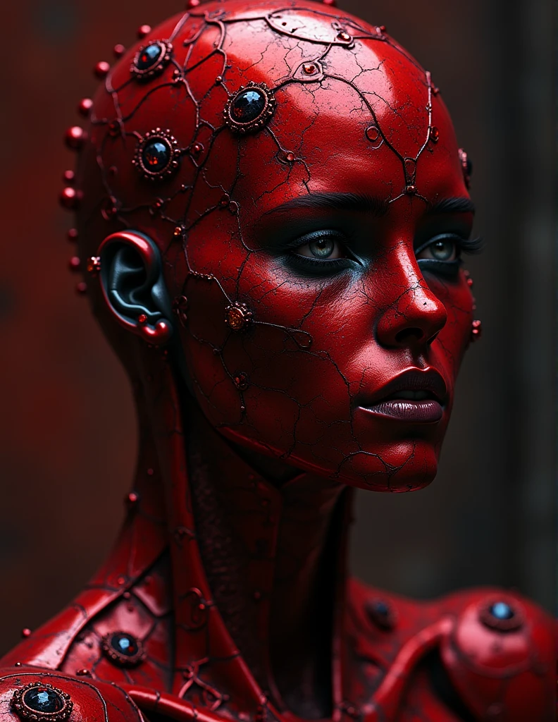 (((masterpiece))), (((Best Quality))), ((Ultra-detailed)), (CG Illustration), ((extremely delicate and beautiful)),(Look up to the side), (((Red flowing liquid background)))Cinematic light with strong contrast between light and dark, ((1 Mechanical Girl)), solo person, Body parts,(Red mechanical joint:1.2),((Mechanical limb)),(blood vessels connected to tubes),(The mechanical spine is attached to the back),((A mechanical cervical vertebrae are attached to the neck)),(is standing),Sad look with red tears,(wires and cables around the neck:1.2),(wires and cables on head:1.2)(Character Focus),sci-fy,Extremely fine,scarlet,Thinnest