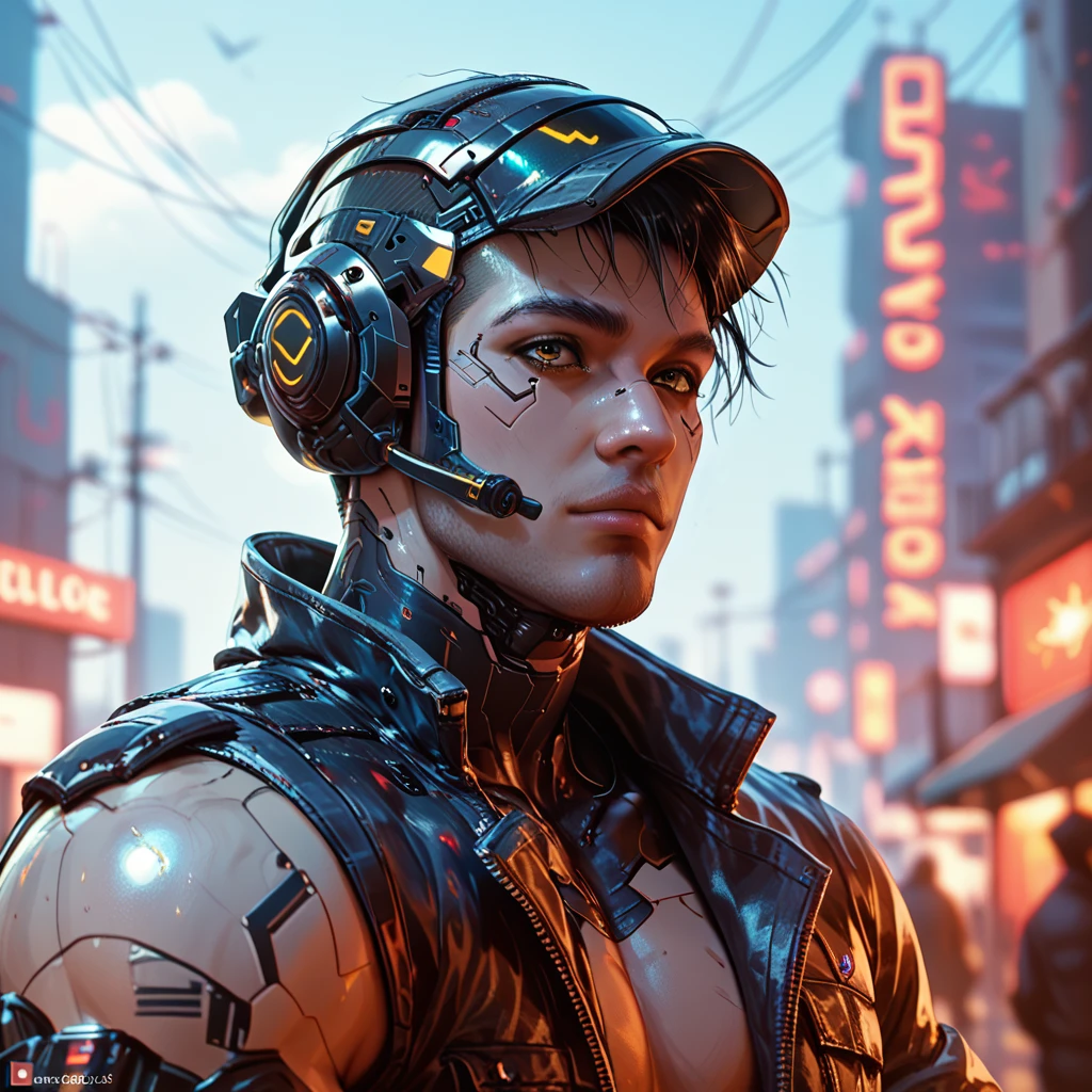 cyborg, 1_man_cyberpunk_2077, barghest, neon yellow and black techwear, wearing a helmet, bulky dude in a post apocalyptic las vegas
