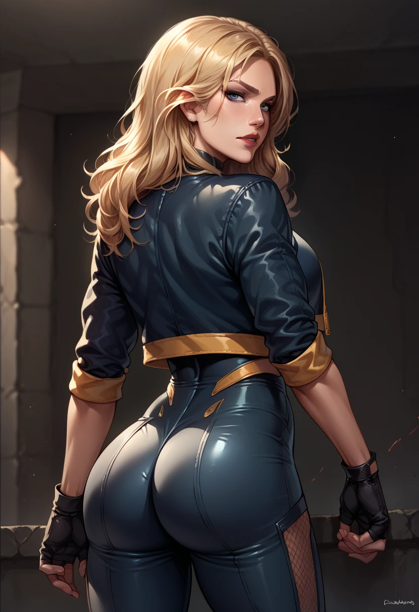 score_9, score_8_up, score_7_up, BREAK, score_9, dinah lance, long hair, blonde hair, blue eyes, choker, cropped jacket, bodysuit, fingerless gloves, pants, looking at viewer, cowboy shot, small ass, from behind, dark room