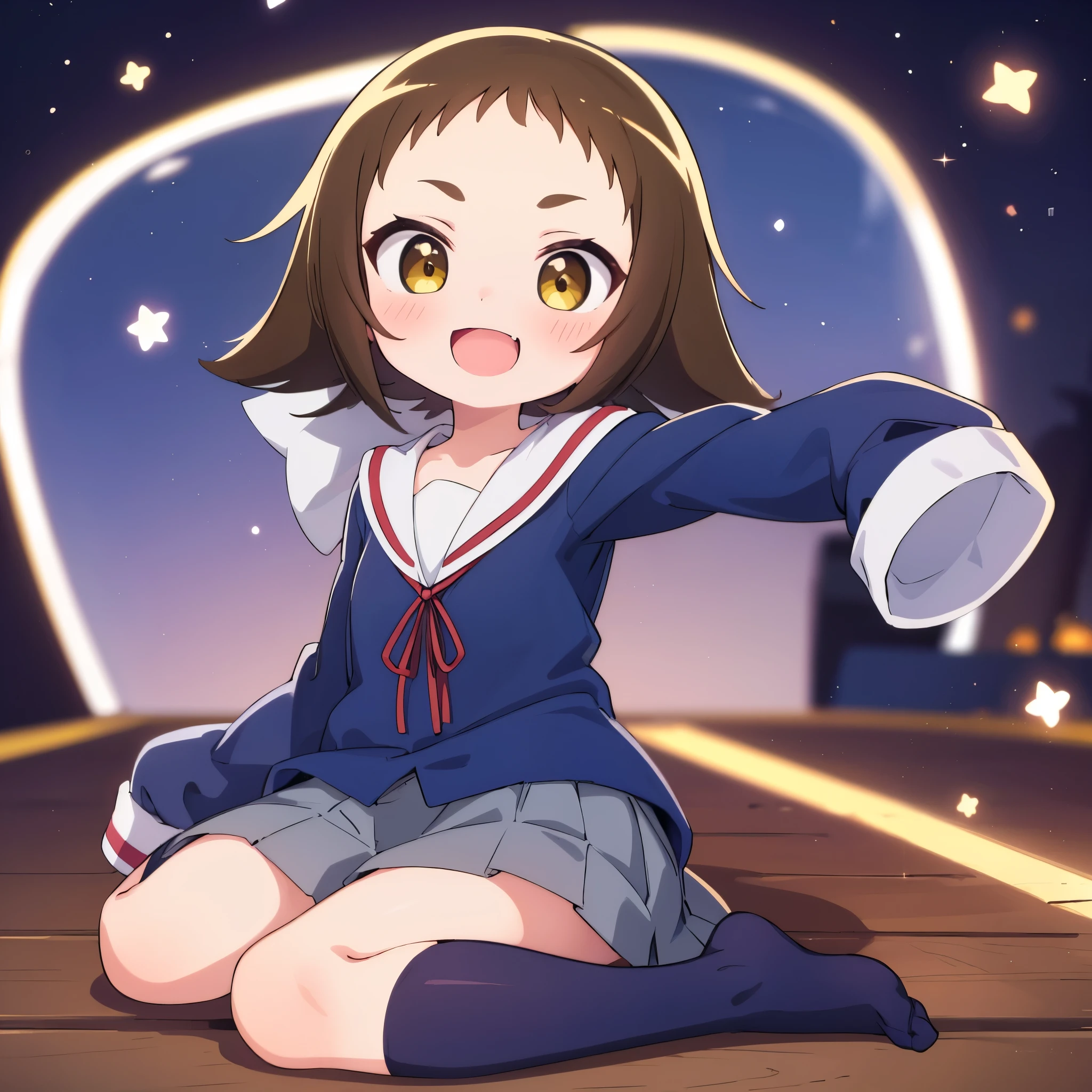 (((((**** face))))),(((((Mimine Mashiro))))),(((((Unconfirmed and ongoing))))),(((Star pattern background))),(((many spoken heart))),((( ponytails))),((( smaller))),((( is embarrassing))),(((((blush))))),((( yellow eyes))),((((( elementary school students))))),((((( super mini skirt ))))),(((((whole body))))),(((((Navy blue uniform))))),((((( is short))))),((( white skin))), panties visible ,((((( s体型))))),(((((Thighs))))),((((( s))))),( chibi),(Best Quality),masterpiece,Best Quality, Hi-Res, very detailed,ultra  Hi-Res,One person, I feel the audience ,Detailed costume, skin texture, Movie Lighting, professional lighting with falling leaves,((((( s))))), white panties,( flat chest),(a bit),cute,(((smile))),(((Brown Hair))),sleeves past wrists, characters with open mouth ,fang, sitting