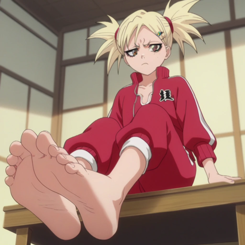 ource_anime, score_9, score_8_up, score_7_up, anime screencap, 8k, absurd res, Hiyori Sarugaki, 1girl, red tracksuit, solo, short hair, blonde hair with bangs and red hairpins, official style, barefoot, from below, foot focus, in a traditional Japanese-style room, looking at viewer, sitting on a table