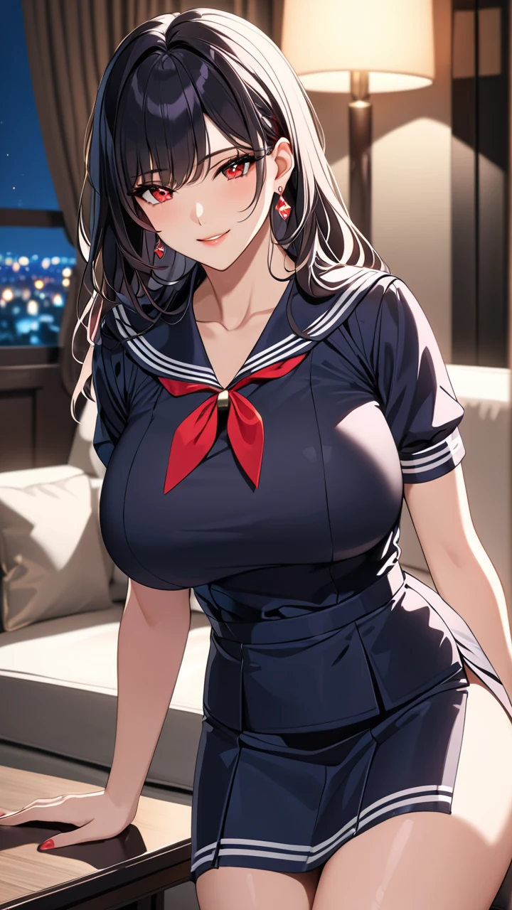 Highest quality,　masterpiece,　High resolution,　masterpiece,　Black hair,　　Red sharp Eyes, messy  hair, seductive smile, tight, livingroom, night, mature female, earrings wearing micro sleeves sailor uniform, big breast 