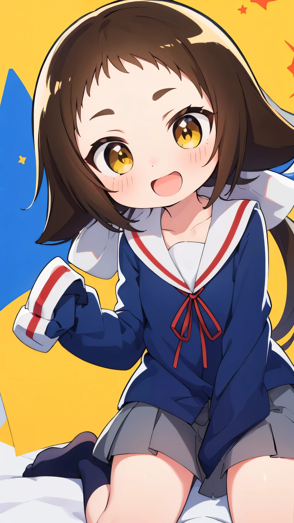 (((((**** face))))),(((((Mimine Mashiro))))),(((((Unconfirmed and ongoing))))),(((Star pattern background))),(((many spoken heart))),((( ponytails))),((( smaller))),((( is embarrassing))),(((((blush))))),((( yellow eyes))),((((( elementary school students))))),((((( super mini skirt ))))),(((((whole body))))),(((((Navy blue uniform))))),((((( is short))))),((( white skin))), panties visible ,((((( s体型))))),(((((Thighs))))),((((( s))))),( chibi),(Best Quality),masterpiece,Best Quality, Hi-Res, very detailed,ultra  Hi-Res,One person, I feel the audience ,Detailed costume, skin texture, Movie Lighting, professional lighting with falling leaves,((((( s))))), white panties,( flat chest),(a bit),cute,(((smile))),(((Brown Hair))),sleeves past wrists, characters with open mouth ,fang, sitting