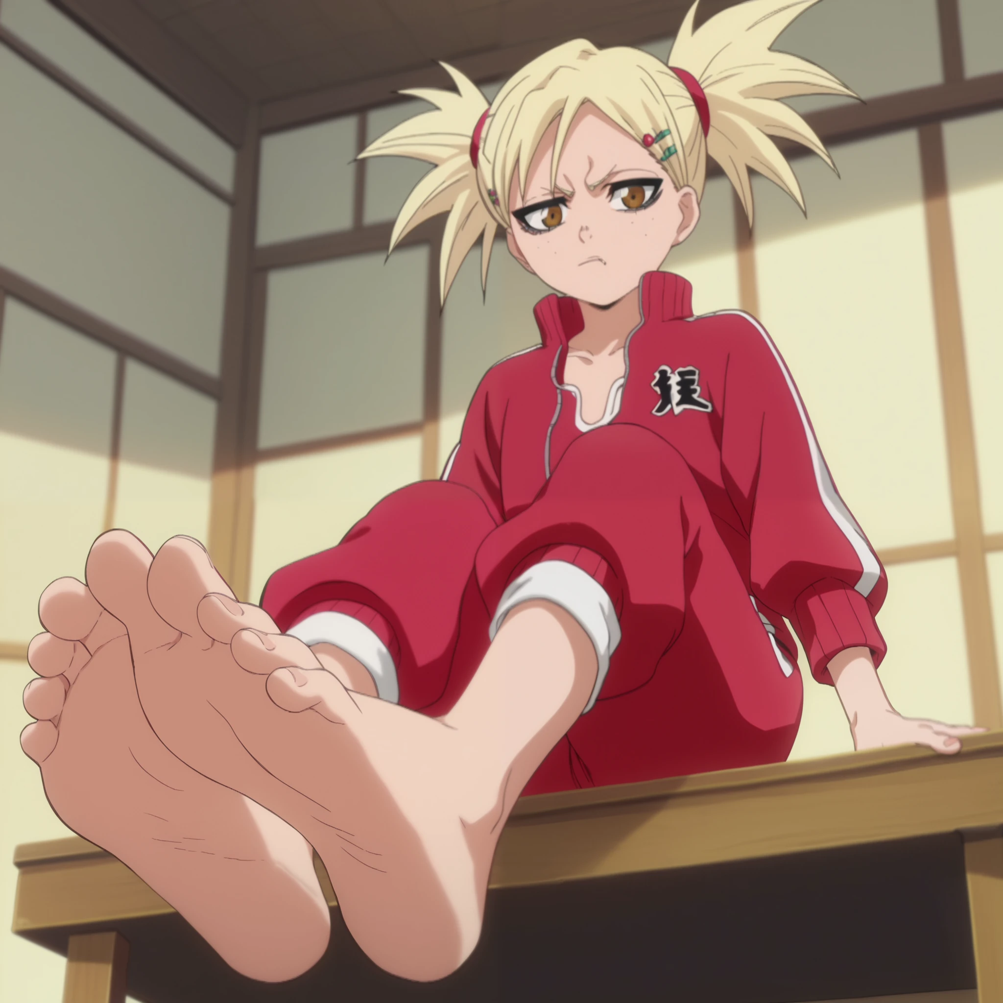 ource_anime, score_9, score_8_up, score_7_up, anime screencap, 8k, absurd res, Hiyori Sarugaki, 1girl, red tracksuit, solo, short hair, blonde hair with bangs and red hairpins, official style, barefoot, from below, foot focus, in a traditional Japanese-style room, looking at viewer, sitting on a table