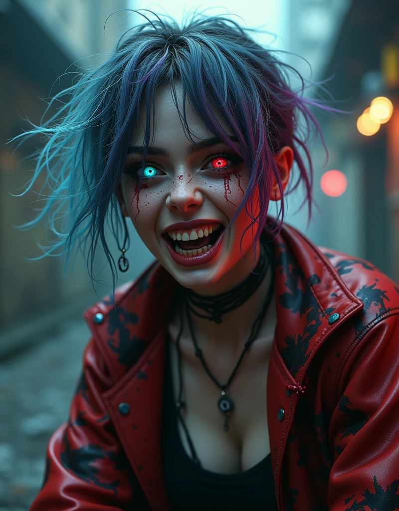 Game character, psycho girl "Jinx", crazy girl with murderous intent, dangerous person, 8K quality