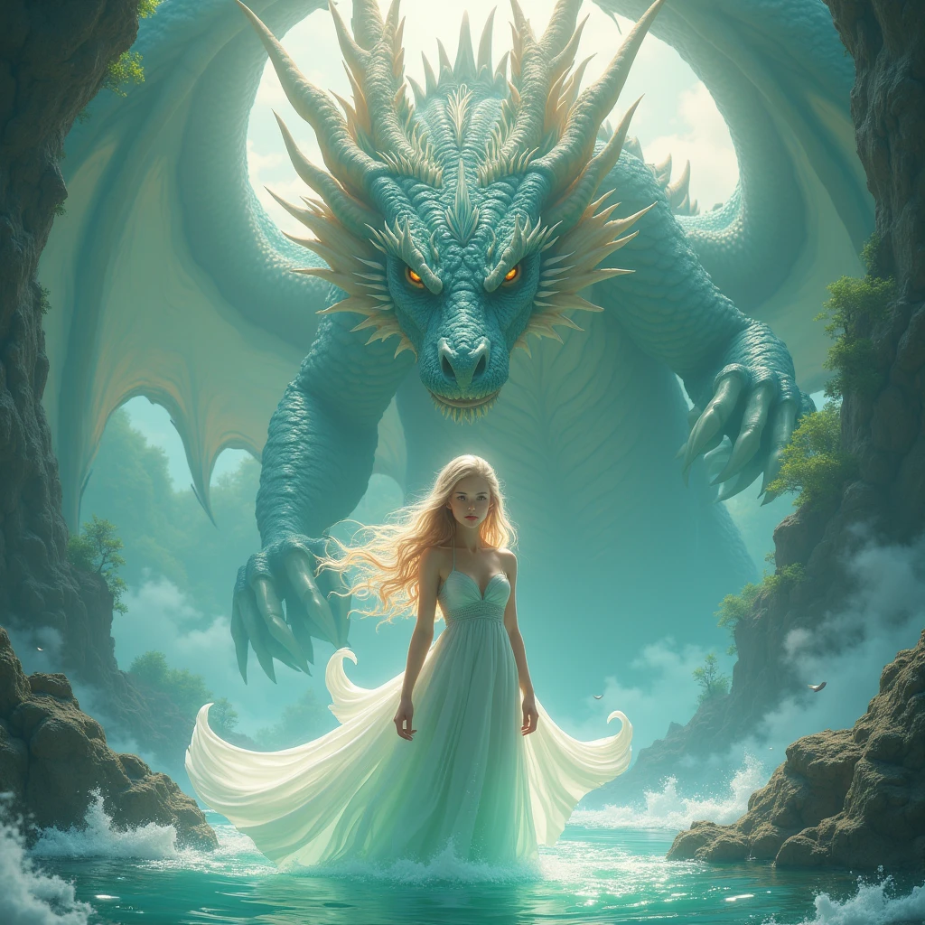 un jolie paysage en pleine nuit avec une jolie femme sexy en tenue moulante utilisant de la magie élémentaire contre un dragon magnifique 4k