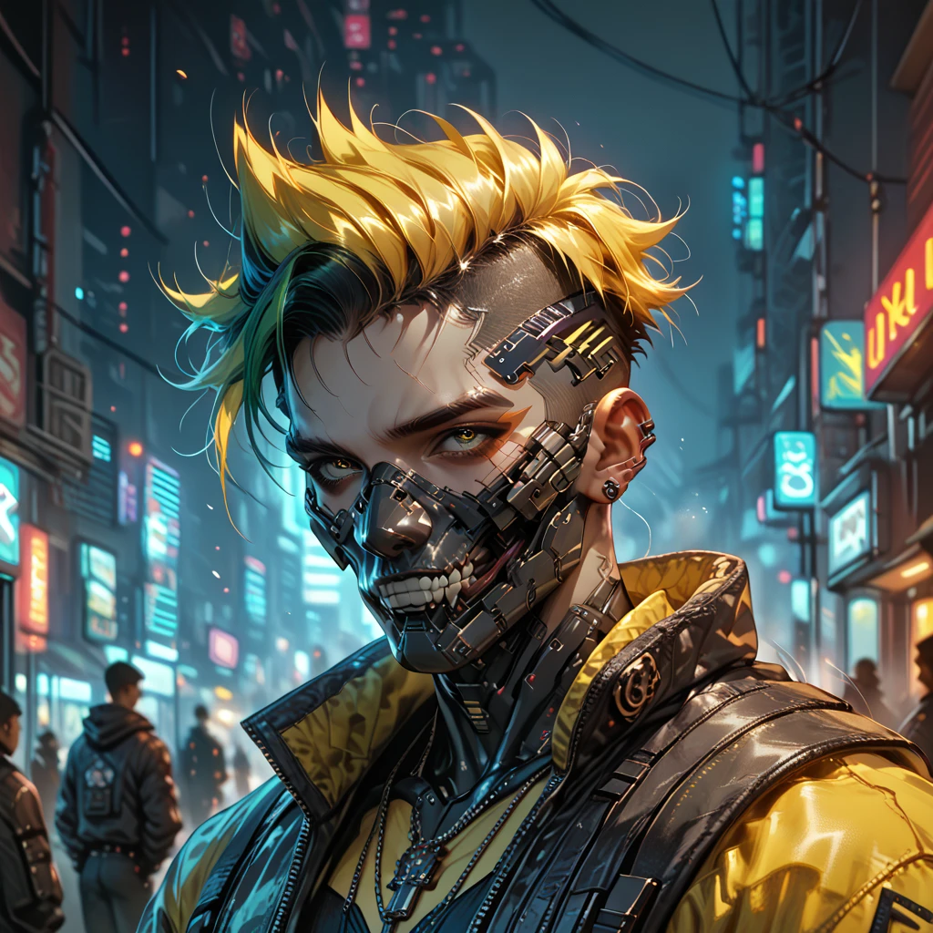 cyborg, 1_man_cyberpunk_2077, Barghest , neon yellow and black techwear, bulky dude in a post apocalyptic las vegas, neon yellow punk hair, wearing a dog mask
