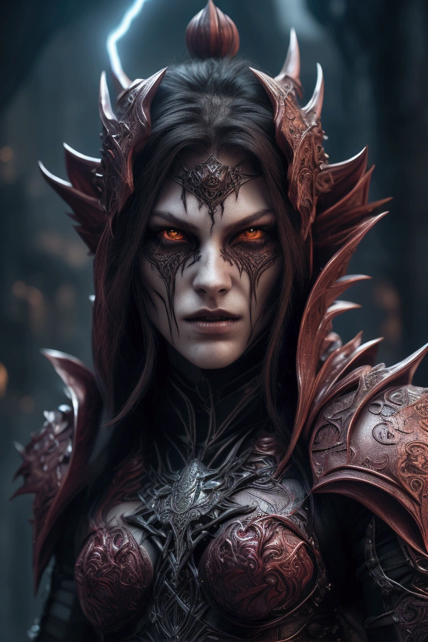 a female reptilian humanoid, glowing red eyes, cruel facial expression, snake-like hair, dark aura, ominous atmosphere, demonic presence, gothic horror, blood, best quality, 8k, highres, masterpiece, ultra-detailed, realistic, photo-realistic, HDR, UHD, extreme detail description, vivid colors, dark atmosphere