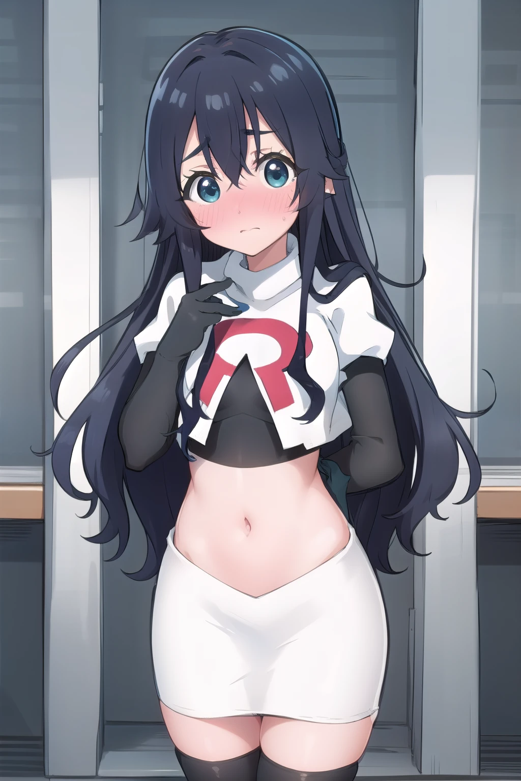 yoshimoto shizuka, 1girl, solo, long hair, looking at viewer, blush, blue eyes, black hair, hair between eyes, very long hair, (shy, blush, embarassed:1.2), (()),high quality, ultra high res, (best quality:0.8), 8k, uhd, dslr, soft lighting, high quality, team rocket,team rocket uniform,white skirt,red letter R,crop top,black thigh-highs,black elbow gloves, cowboy shot