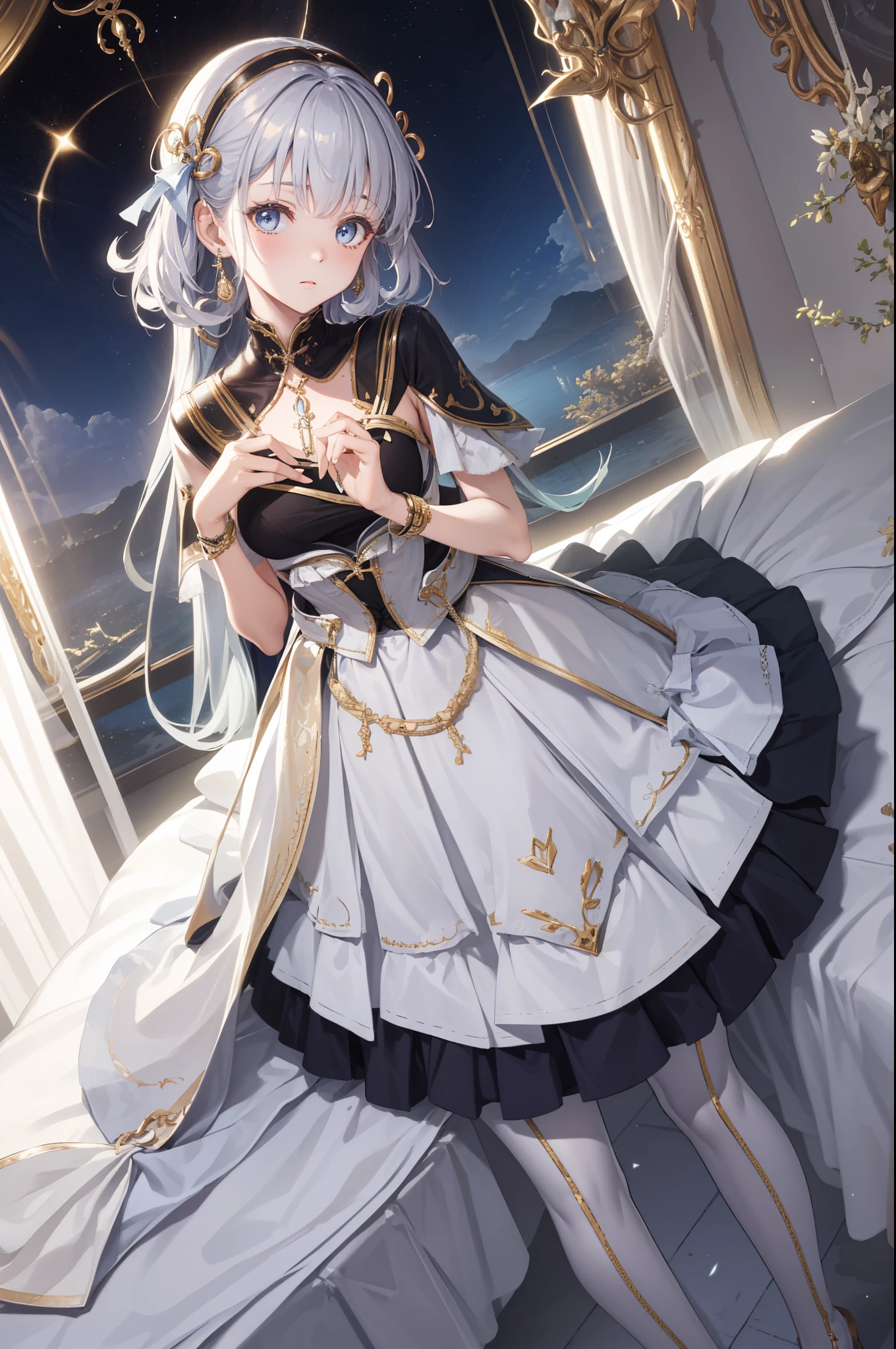 (best quality,4K,8k,high resolution,masterpiece:1.2),Extremely detailed,milf,,magic,enchanting,joy,Divine goddess,magical effect,Silver hair,blue eyes,Transparent dress,Exquisite decoration,Features of the magical costumes of the heavens，A small amount of sky blue cloth,Exquisite clothing,Layered Skirt,detailed lace,Delicate ruffles,bedroom,alone,at night,Lace pantyhose,Sacred stripes,Transparent clothing,Jewelry embellishments，Cute skirt