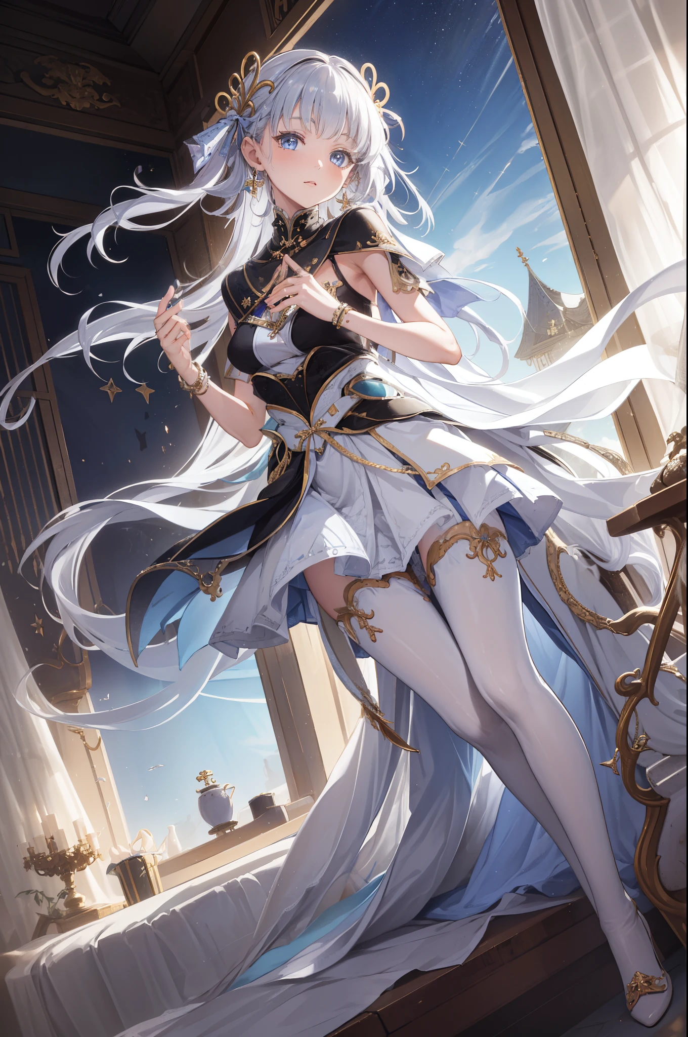 (best quality,4K,8k,high resolution,masterpiece:1.2),Extremely detailed,milf,,magic,enchanting,joy,Divine goddess,magical effect,Silver hair,blue eyes,Transparent dress,Exquisite decoration,Features of the magical costumes of the heavens，A small amount of sky blue cloth,Exquisite clothing,Layered Skirt,detailed lace,Delicate ruffles,bedroom,alone,at night,Lace pantyhose,Sacred stripes,Transparent clothing,Jewelry embellishments，Cute skirt