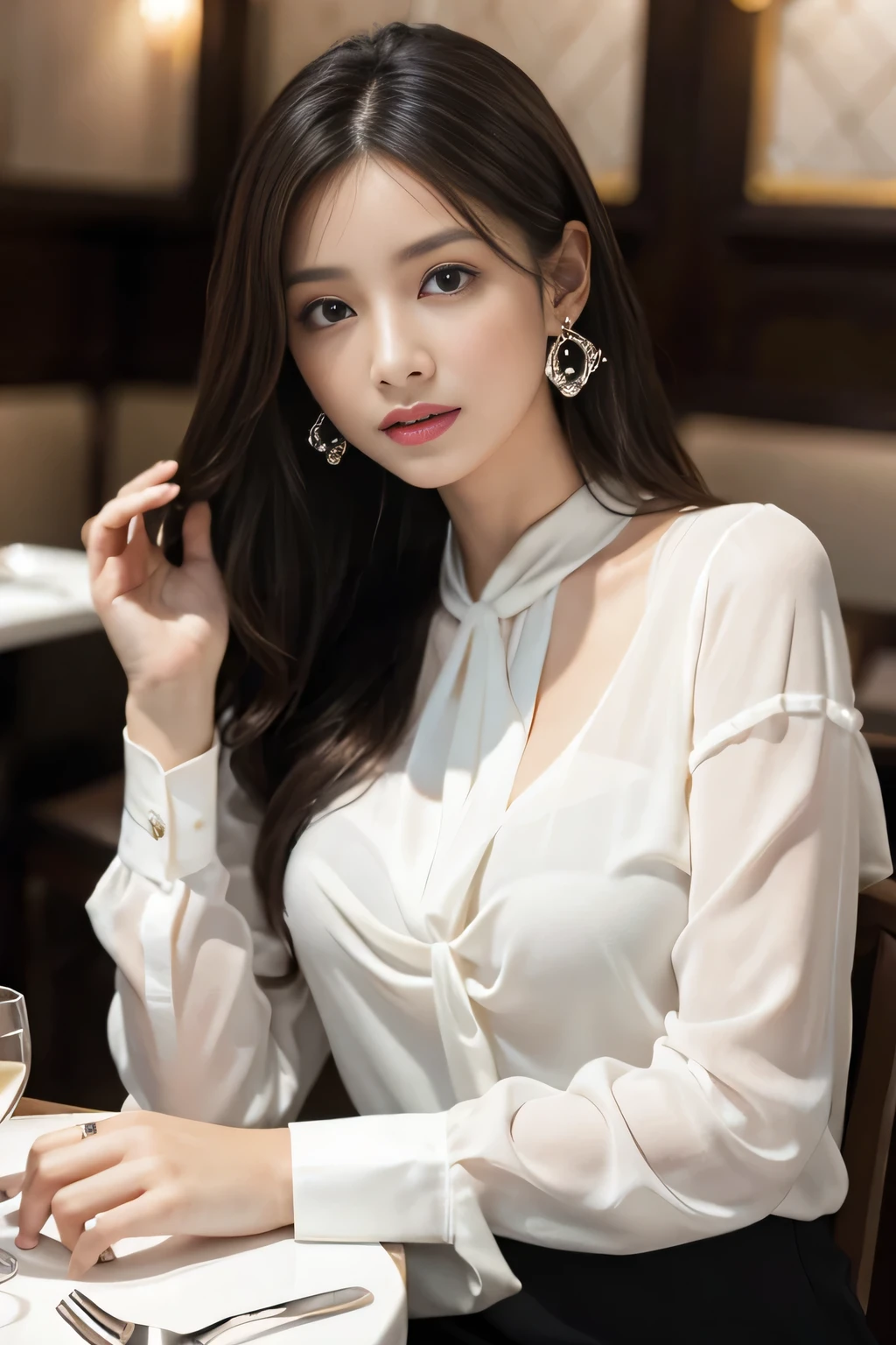 masterpiece, highest quality, Realistic, Very detailed, Finer details, High resolution, 8k wallpaper, One beautiful woman, Wear an elegant see-through blouse, In a great restaurant, At night, Light brown messy hair, Perfect dynamic composition, Beautiful and beautiful eyes、Big earrings、Sitting in a chair、