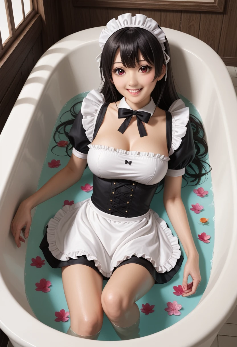 ultra-realistic, photorealistic, dramatic scene, shadow, global-illumination, solo, (teenage Japanese famous idol girl:1.5), very beautiful fragile Japanese girl, very beautiful with very cute but boyish cool face, (modern maid:1.2), (wearing a cute colored maid outfits with frills:1.2), (very large breasts), slim waist, She is buried in the dry antique bathtub with lots of chicks, smile, a heap of chicks, she is lying in the bathtub, at the antique room in the European castle, antique furnishings, flowers, 