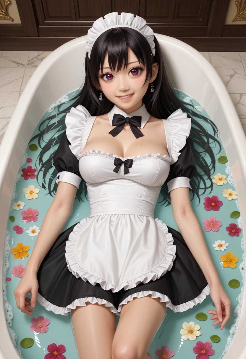 ultra-realistic, photorealistic, dramatic scene, shadow, global-illumination, solo, (teenage Japanese famous idol girl:1.5), very beautiful fragile Japanese girl, very beautiful with very cute but boyish cool face, (modern maid:1.2), (wearing a cute colored maid outfits with frills:1.2), (very large breasts), slim waist, She is buried in the dry antique bathtub with lots of chicks, smile, a heap of chicks, she is lying in the bathtub, at the antique room in the European castle, antique furnishings, flowers, 