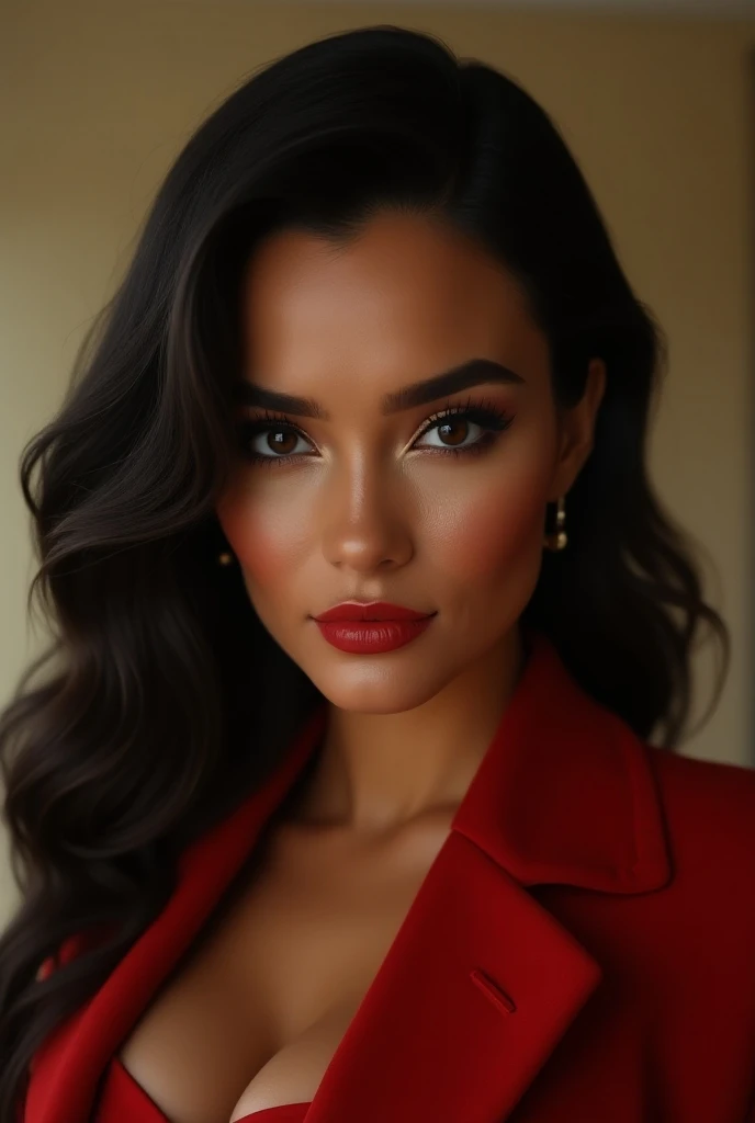 "Create an image of a beautiful Indian girl wearing a stylish top with a vibrant red coat over it. The girl should have eyes similar to Shraddha Kapoor's—large, expressive, and captivating. She should be depicted as the epitome of Indian beauty, with a warm, glowing complexion, long wavy hair, and a face that exudes both innocence and confidence. The background should be soft and elegant to keep the focus on her stunning appearance."