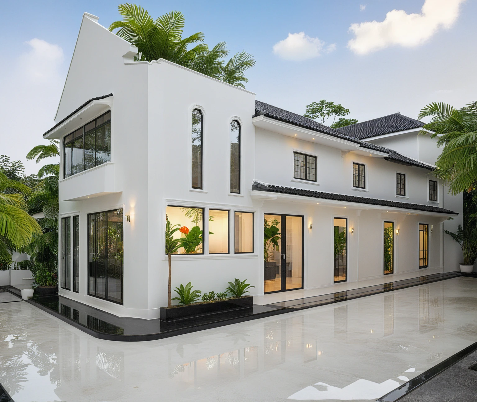 neo classical villa on street, (daylight), tropical tree, vivid colour, streetcapes, white tone, black detail, white wall, large glass door, warm interior lighting, best quality, masterpiece, ultra realistic