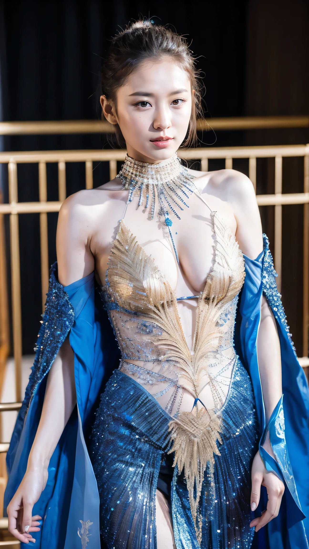 Best Quality, masterpiece, Realistic,  Hi-Res, [8K RAWフォト,1girl,medium breasts,Creative fashion design for clothing， Iris van Herpen designer style，，Sense of line，Bone Structure， symmetrical design ，Gold and Blue Line， highlight mystical appeal ， Japanese model