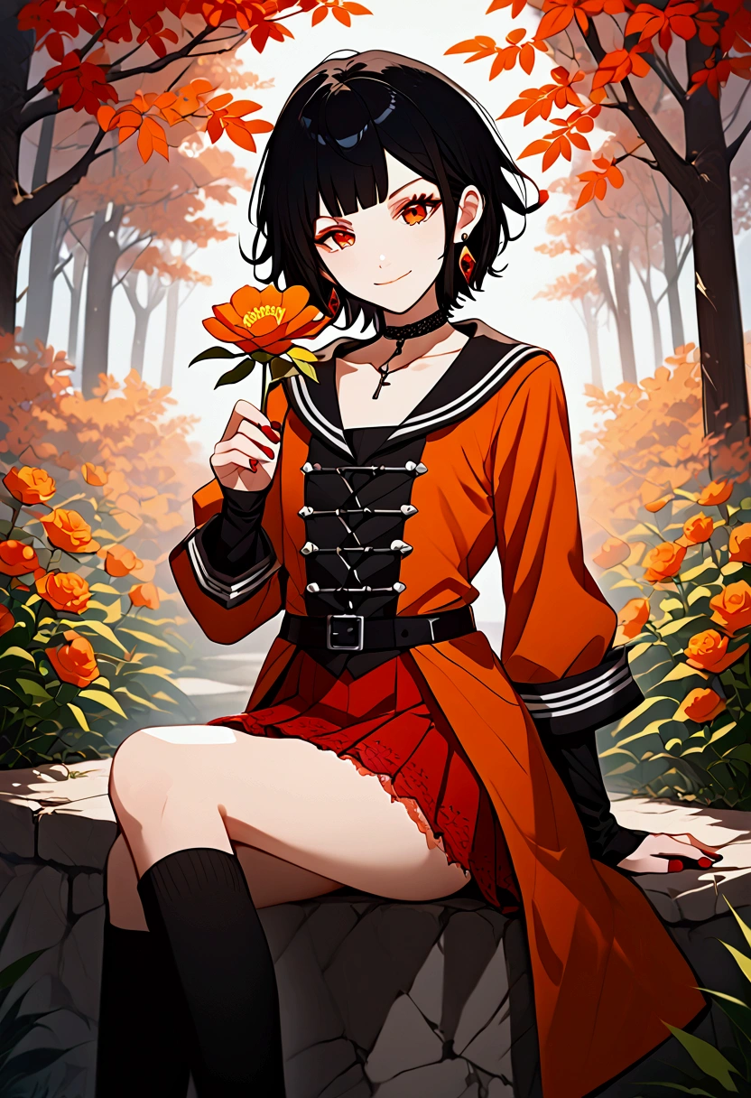 Androgynous femboy, black bob hair with red highlights, amber eyes, mole under the left eye, lined eyelashes, amused smile, slender body, flat chest, earrings in the ears, red nails, black choker, orange prisoner's coat, red lace blouse, red short skirt, black 3/4 socks, black boots with heels, crossdressing, crossed legs, holding a flower, anime style.