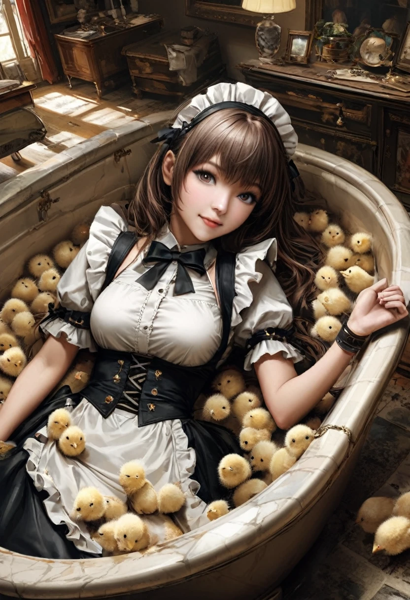 ultra-realistic, photorealistic, dramatic scene, shadow, global-illumination, solo, (teenage Japanese famous idol girl:1.5), very beautiful fragile Japanese girl, very beautiful with very cute but boyish cool face, (modern maid:1.2), (wearing a cute colored maid outfits with frills:1.2), (very large breasts), slim waist, She is buried in the dry antique bathtub with lots of chicks, smile, a heap of chicks, she is lying in the bathtub, at the antique room in the European castle, antique furnishings, flowers, 