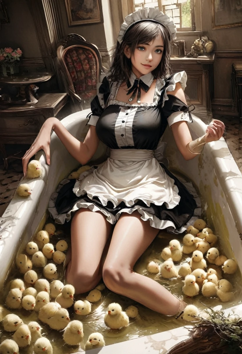 ultra-realistic, photorealistic, dramatic scene, shadow, global-illumination, solo, (teenage Japanese famous idol girl:1.5), very beautiful fragile Japanese girl, very beautiful with very cute but boyish cool face, (modern maid:1.2), (wearing a cute colored maid outfits with frills:1.2), (very large breasts), slim waist, She is buried in the dry antique bathtub with lots of chicks, smile, a heap of chicks, she is lying in the bathtub, at the antique room in the European castle, antique furnishings, flowers, 