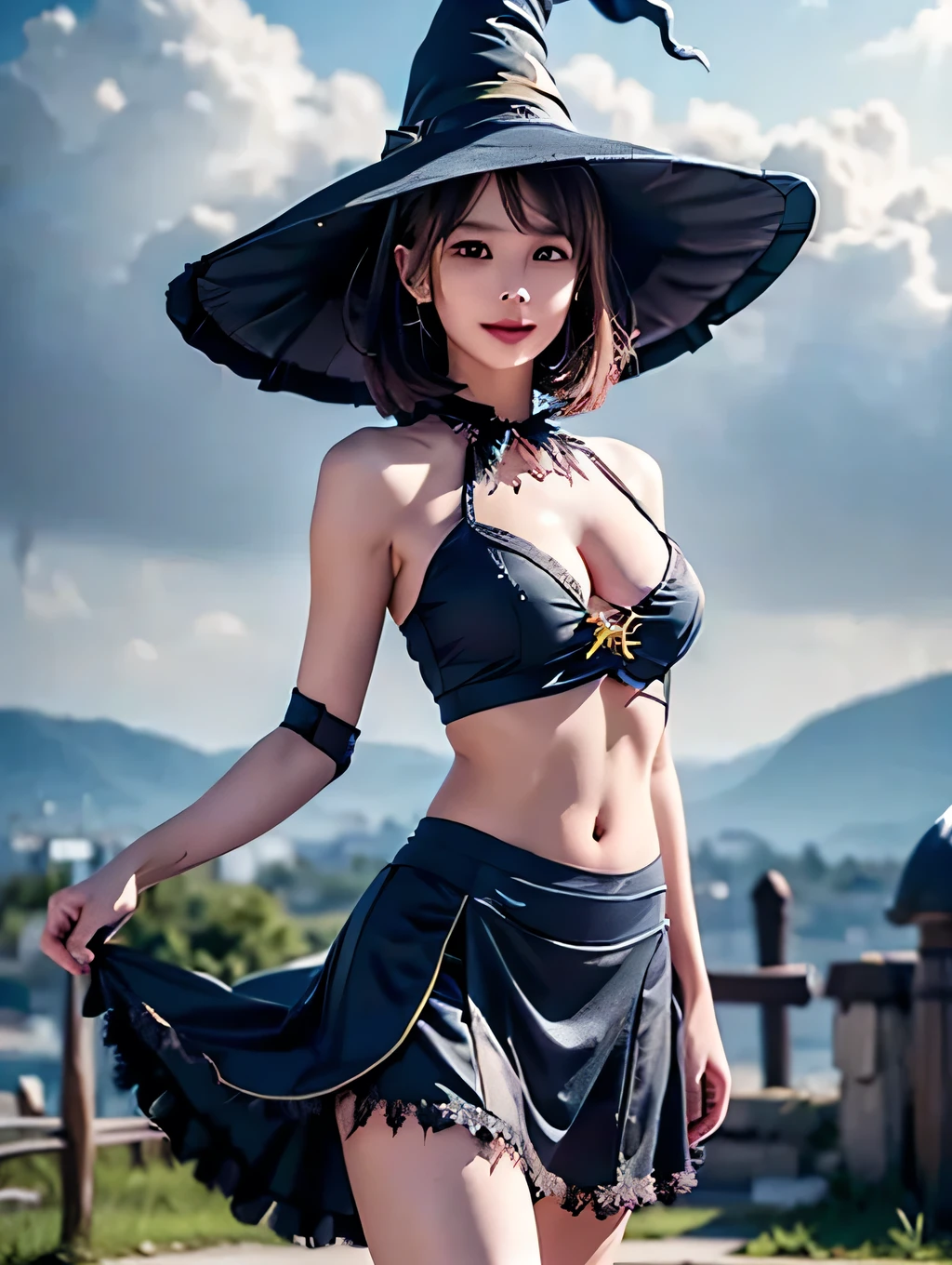 (yuichan:1.3), (style-swirlmagic:0.8), full body, look up, Alone,  upper body, Detailed Background, (witch hat:1.5), witch, Magical atmosphere, Hair blowing in the wind,  dark colored clothing with yellow edging ,long skirt,  Floating in the night sky, dynamic pose ,  colorful lightning swirling in the air , Swirling Portal, Black Magic,  Suspended particles, cloudy background ,  Backlight, amazing sapraizz, (RAW Photos, Best Quality), (Realistic, photo-Realistic:1.4), masterpiece, Very delicate and beautiful, Very detailed, 2k wallpaper, wonderful, In detail, Very detailed CG unity 8k wallpaper, Super detailed, High resolution, Soft light, Beautiful detailed girl, Very detailed eyes and face, Beautifully detailed nose, Beautiful detailed eyes,Cinematic Lighting,Perfect Anatomy,Slender body,smile,extremely fine and beautiful colors, extremely beautiful and fain design,amazing sapraizz, dynamic production 