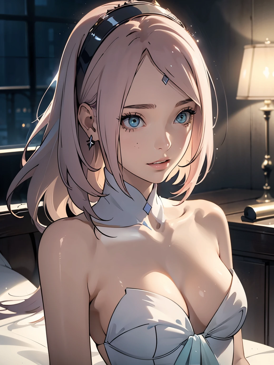 (best quality, 8k, Masterpiece :1.3), (realistic, Wide picture), Awesome details, studio lighting, soft light, depth of field, beautiful woman, 20 years old, fair skin, slim bikini, Slim shape, (small breast), full body, (very beautiful face, beautiful lips, beautiful eyes), Slender face, smile softly, earring, sexy pose, City background, very deep, (dynamic poses), Perfect centralization