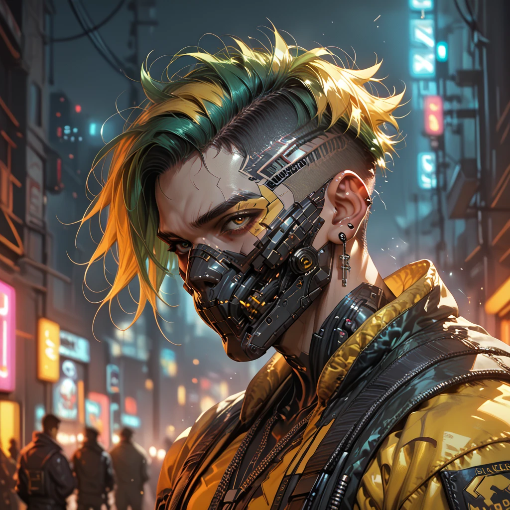 cyborg, 1_man_cyberpunk_2077, Barghest , neon yellow and black techwear, bulky dude in a post apocalyptic las vegas, neon yellow punk hair, wearing a mouthmask
