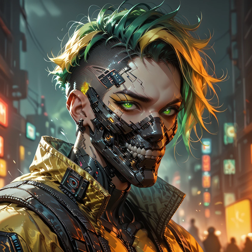 cyborg, 1_man_cyberpunk_2077, Barghest , neon yellow and black techwear, bulky dude in a post apocalyptic las vegas, neon yellow punk hair, wearing a mouthmask, neongreen glowing eyes
