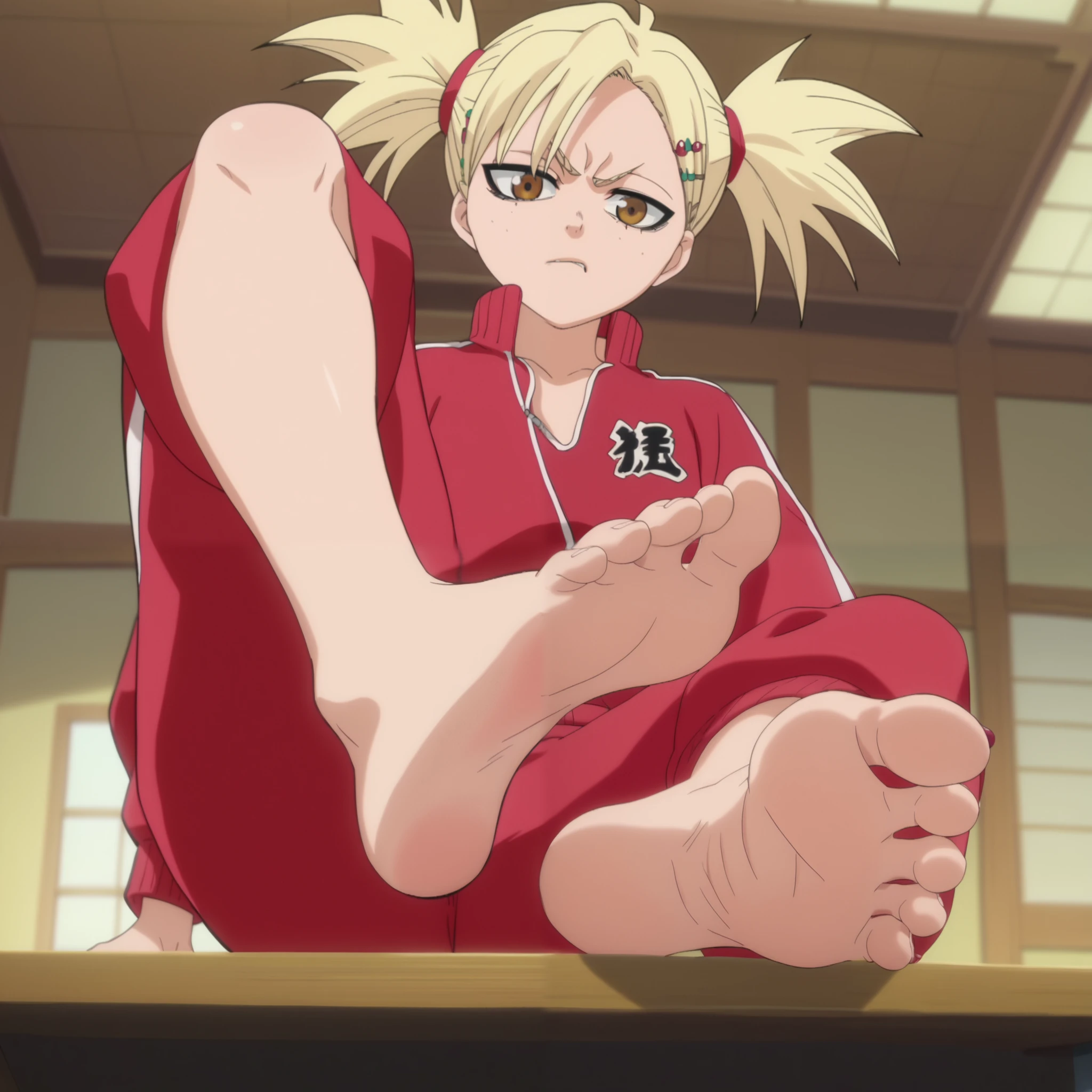 ource_anime, score_9, score_8_up, score_7_up, anime screencap, 8k, absurd res, Hiyori Sarugaki, 1girl, red tracksuit, solo, short hair, blonde hair with bangs and red hairpins, official style, barefoot, from below, foot focus, in a traditional Japanese-style room, looking at viewer, sitting on a table